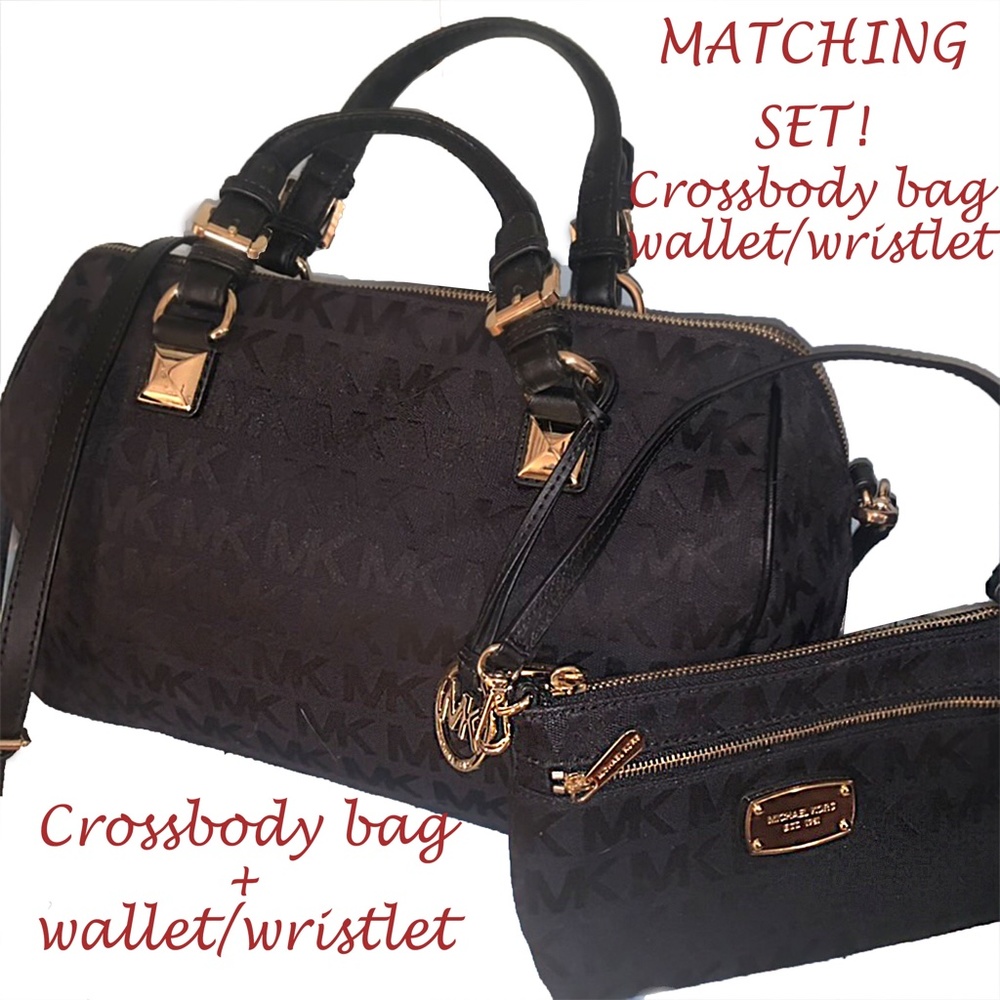 Michael Kors black signature Canvas leather tote crossbody bag & wristlet